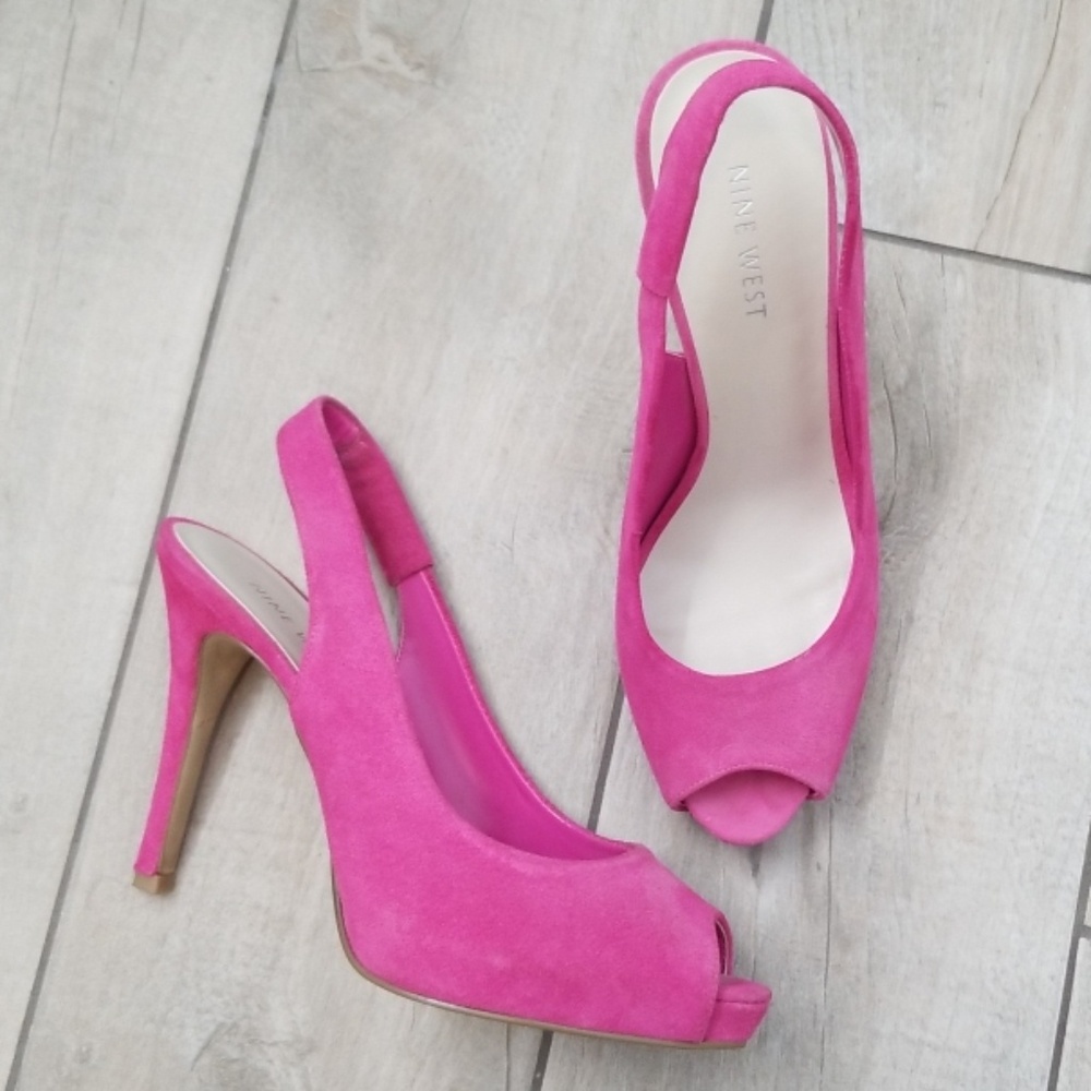 Nine West hot pink suede sling back peeptoe heel